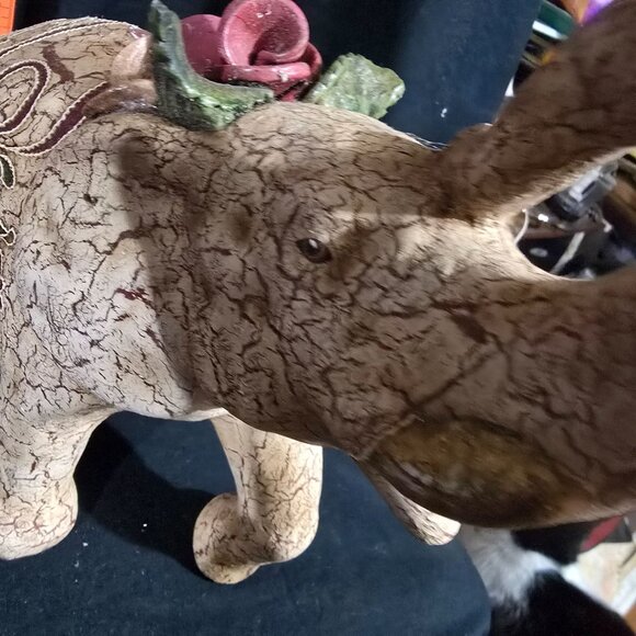 Decorative Hand-Painted Elephant Figurine With Floral Accents & Crackled Texture - Picture 7 of 9